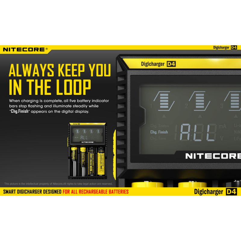 Nitecore D4 Digicharger Inteligentní Nabíječka s LCD Displejem, Ochrana proti Přepětí, pro 18650, Li-ion Baterie 700646178704