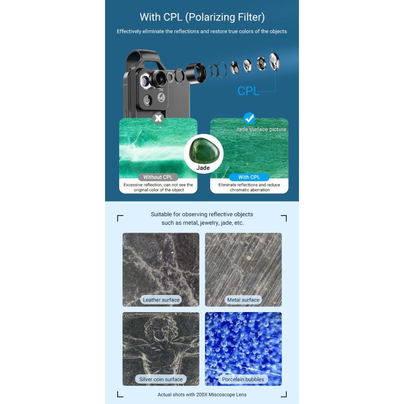 APEXEL 200x Zvětšení Objem Objektivu s CPL LED Světlem pro iPhone/Samsung – Přenosný Mikroskop pro Detailní Makro Foto