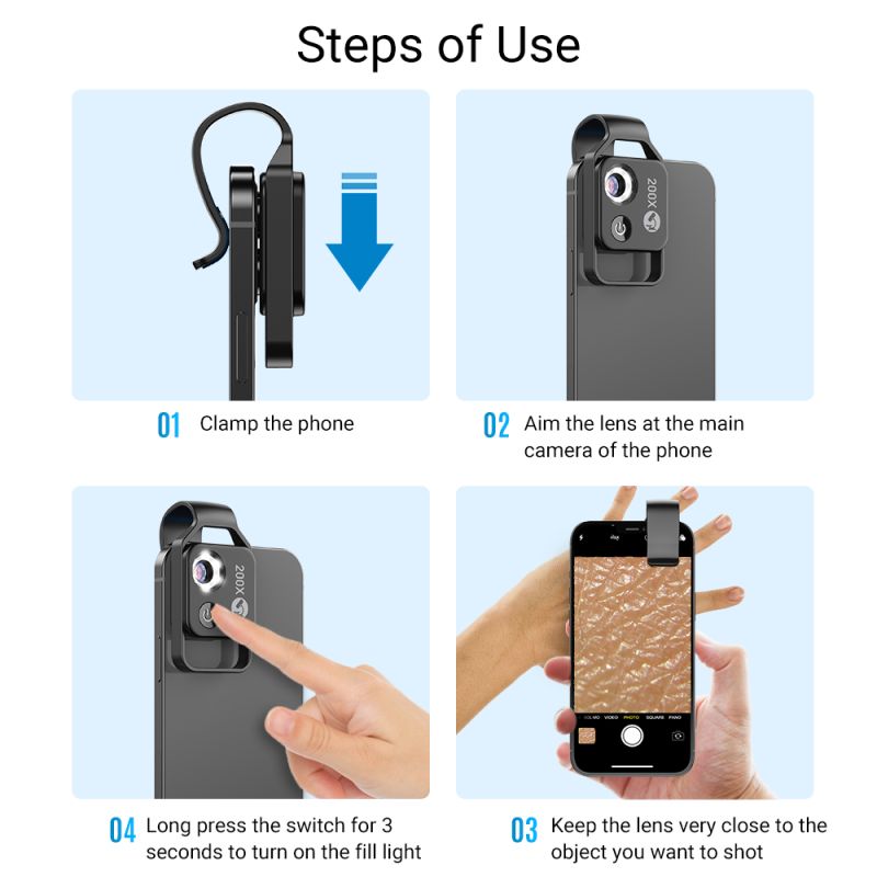 APEXEL 200x Zvětšení Objem Objektivu s CPL LED Světlem pro iPhone/Samsung – Přenosný Mikroskop pro Detailní Makro Foto