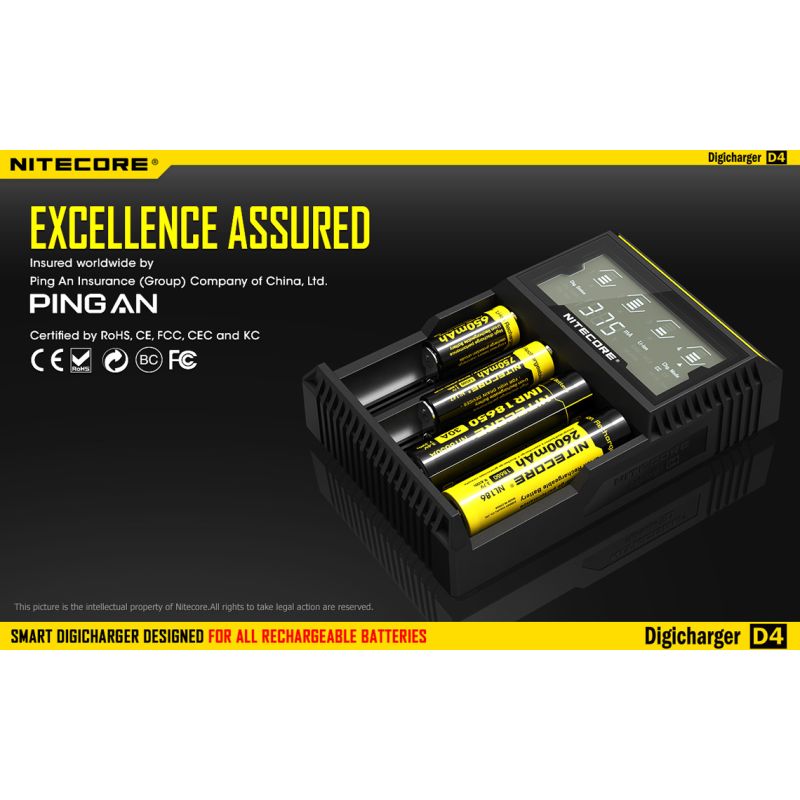 Nitecore D4 Digicharger Inteligentní Nabíječka s LCD Displejem, Ochrana proti Přepětí, pro 18650, Li-ion Baterie 700646178704