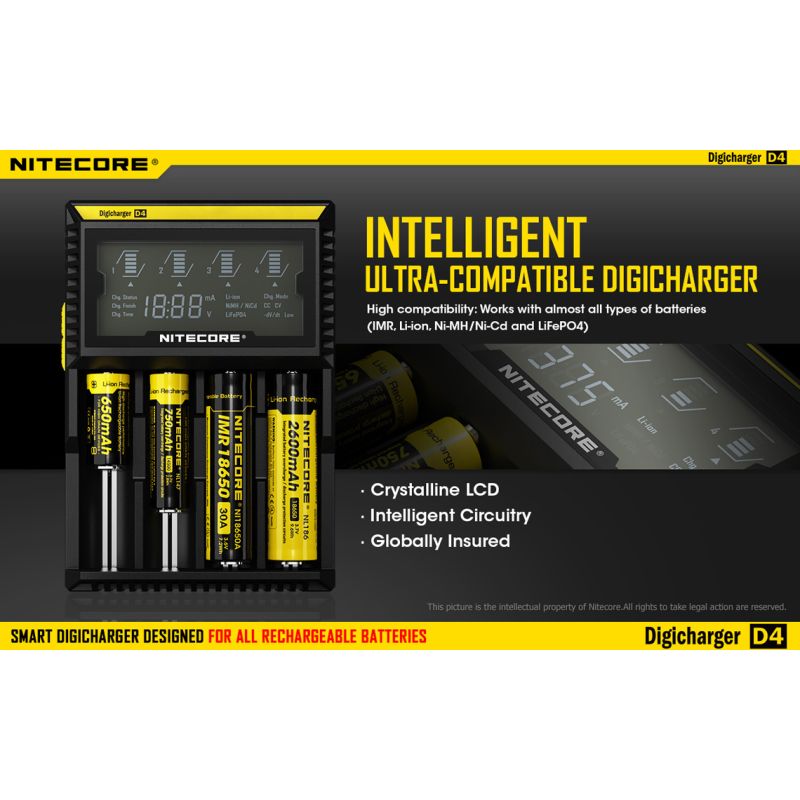 Nitecore D4 Digicharger Inteligentní Nabíječka s LCD Displejem, Ochrana proti Přepětí, pro 18650, Li-ion Baterie 700646178704