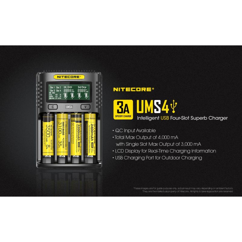 NITECORE UMS4 Inteligentní USB Čtyřportová Nabíječka 18650 21700 26650 Rychlé Nabíjení pro Outdoor