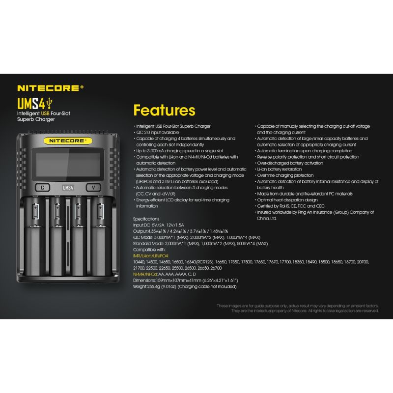 NITECORE UMS4 Inteligentní USB Čtyřportová Nabíječka 18650 21700 26650 Rychlé Nabíjení pro Outdoor