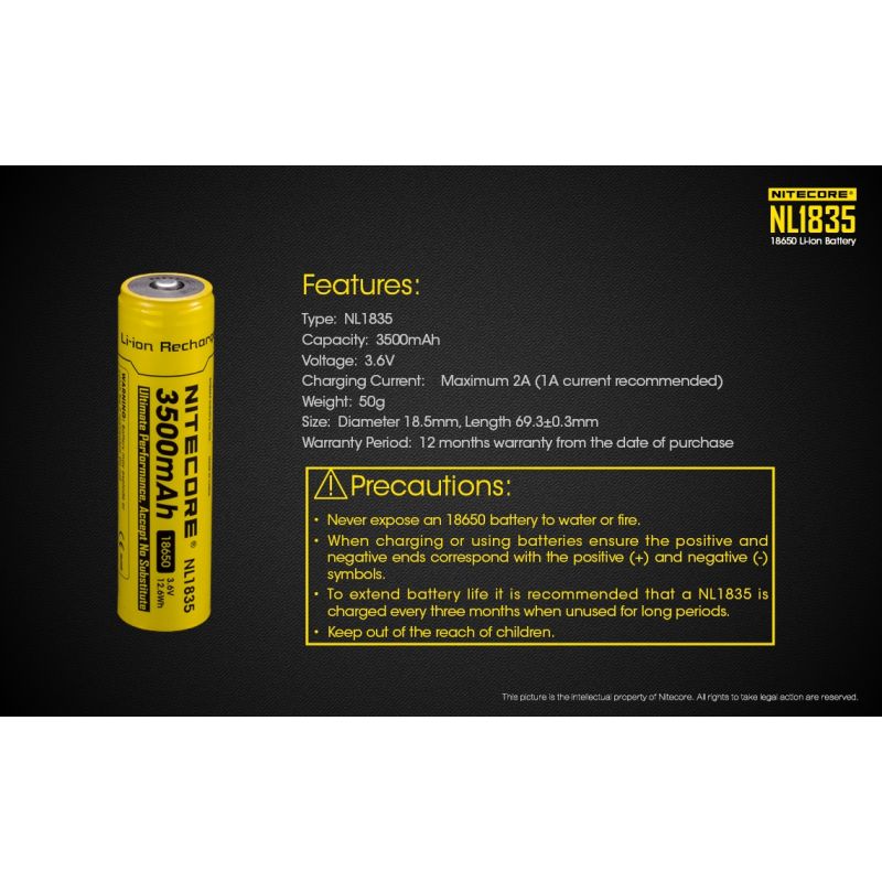 Nitecore NL1835 3500mAh 18650 Li-ion Baterie | Vysoká Kapacita, Dlouhá Výdrž pro Elektronická Zařízení