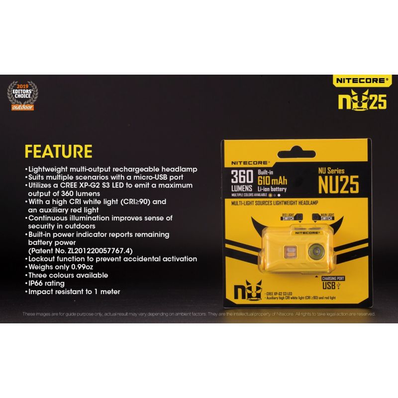 Nitecore NU25 XP-G2 S3 LED svítilna – 360 lumenů, nabíjecí, outdoorové osvětlení, lehký světlomet