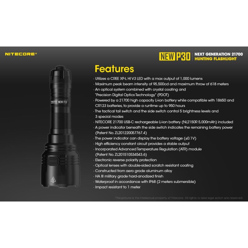 Nitecore NEW P30 LED Baterka 1000 Lumenů, Dosah 618m | Výkonná Odolná Outdoorová Baterka XP-L HI V3