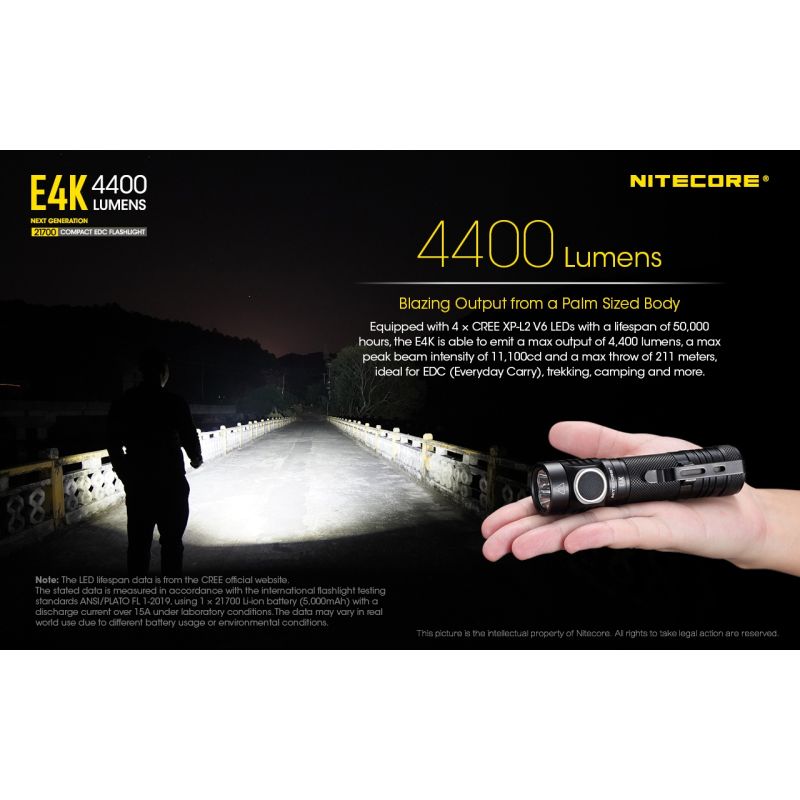 Nitecore E4K EDC svítilna – 4400 lumenů, voděodolná, 21700 baterie, kompaktní venkovní osvětlení
