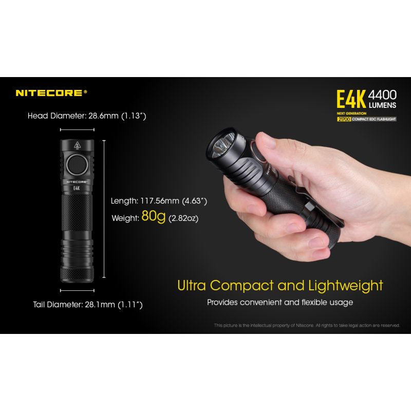 Nitecore E4K EDC svítilna – 4400 lumenů, voděodolná, 21700 baterie, kompaktní venkovní osvětlení