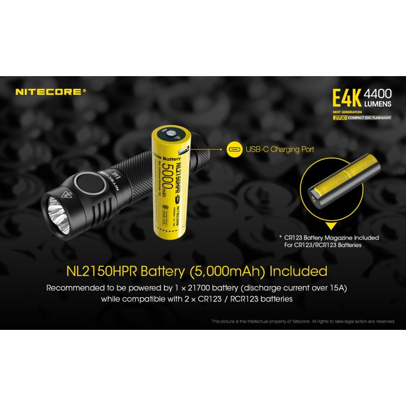 Nitecore E4K EDC svítilna – 4400 lumenů, voděodolná, 21700 baterie, kompaktní venkovní osvětlení
