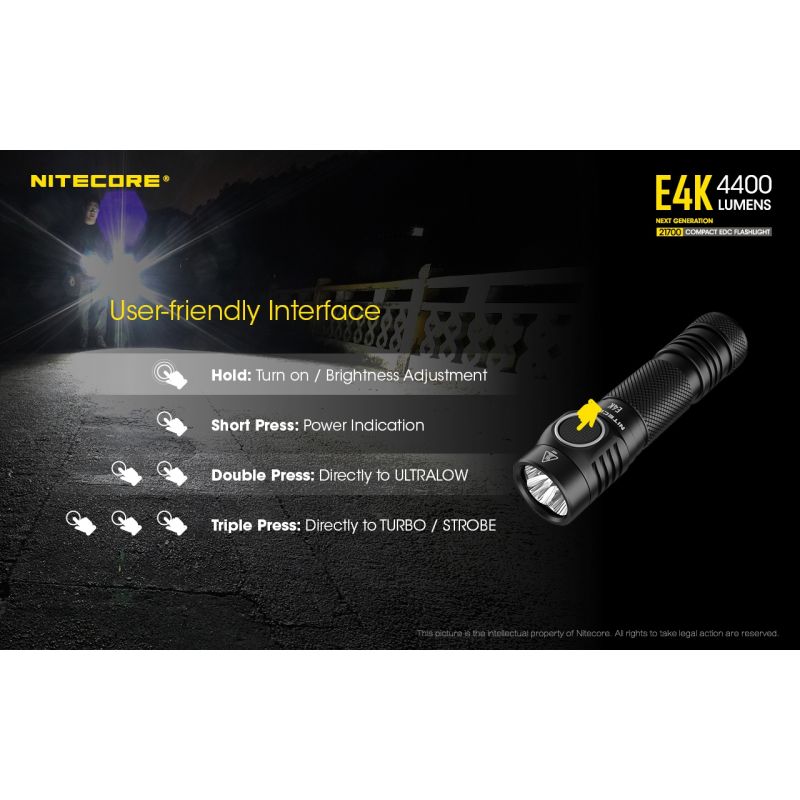 Nitecore E4K EDC svítilna – 4400 lumenů, voděodolná, 21700 baterie, kompaktní venkovní osvětlení