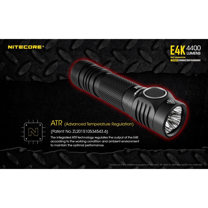 Nitecore E4K EDC svítilna – 4400 lumenů, voděodolná, 21700 baterie, kompaktní venkovní osvětlení