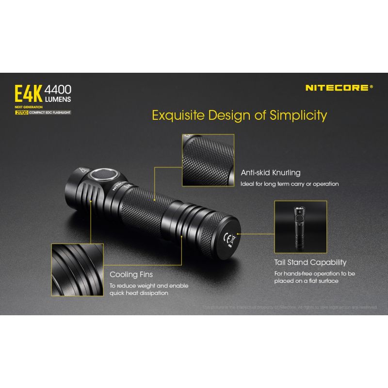 Nitecore E4K EDC svítilna – 4400 lumenů, voděodolná, 21700 baterie, kompaktní venkovní osvětlení