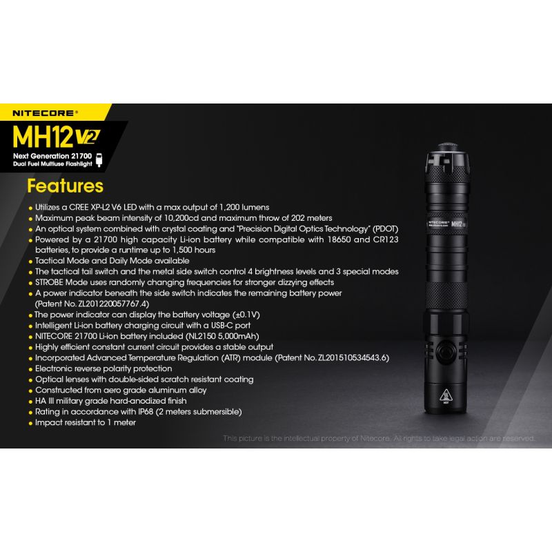 Nitecore MH12 V2 XP-L2 V6 LED svítilna 1200 lumenů – Silný paprsek, 21700 baterie pro venkovní osvětlení!