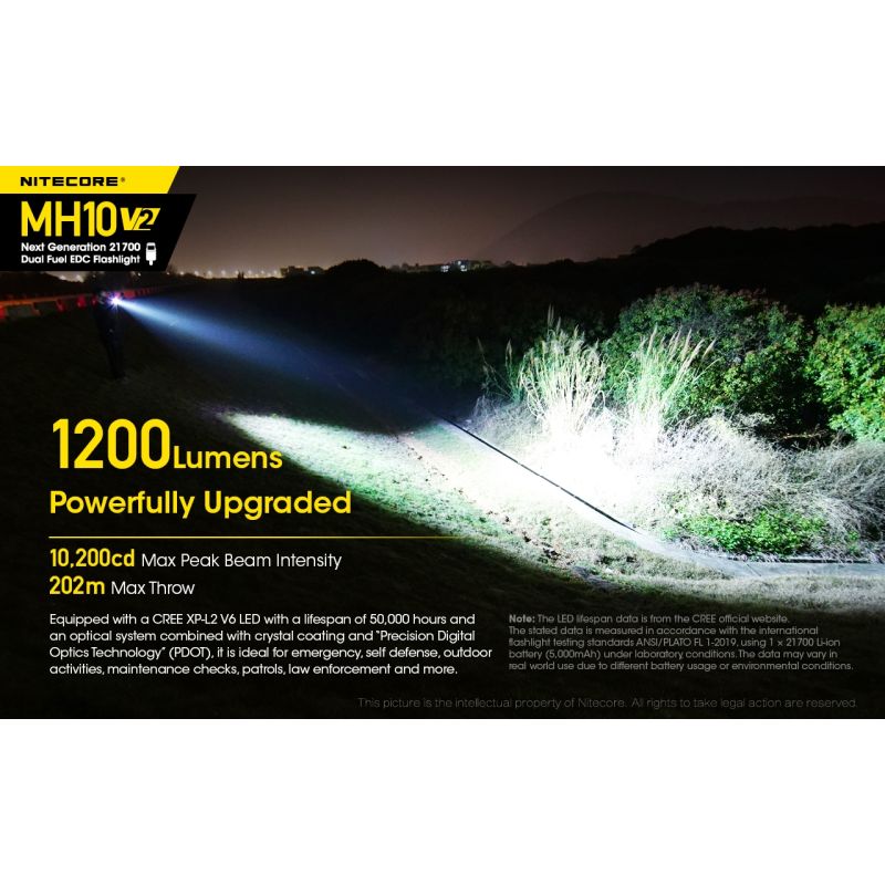 NITECORE MH10 V2 LED svítilna 1000 lumenů USB-C. Kompaktní, spolehlivá pro venkovní osvětlení.