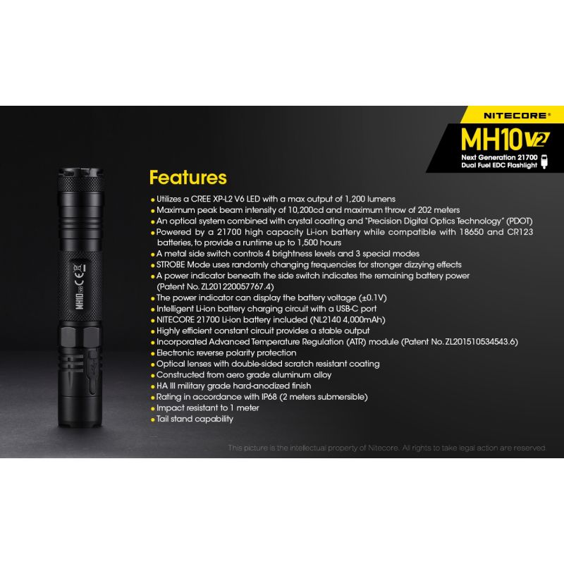 NITECORE MH10 V2 LED svítilna 1000 lumenů USB-C. Kompaktní, spolehlivá pro venkovní osvětlení.