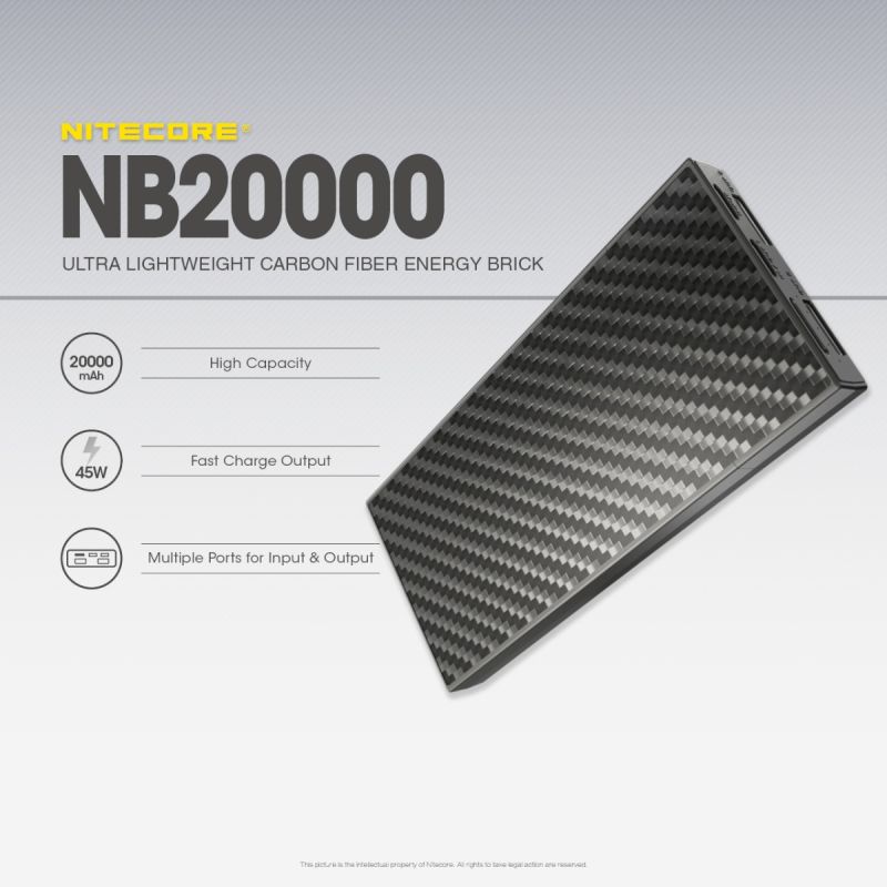 Nitecore NB20000 lehká 20000mAh QC Dual Port USB/USB-C power banka pro rychlé nabíjení smartphonů.