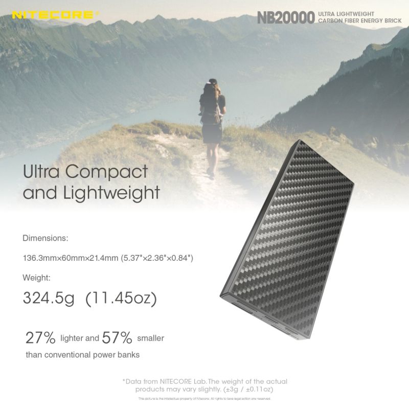 Nitecore NB20000 lehká 20000mAh QC Dual Port USB/USB-C power banka pro rychlé nabíjení smartphonů.