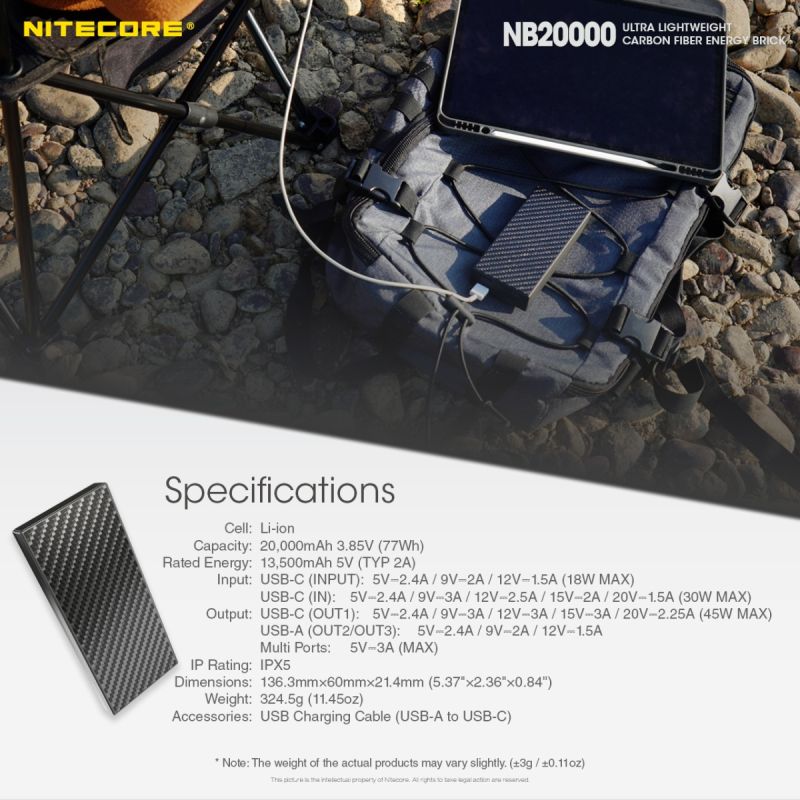 Nitecore NB20000 lehká 20000mAh QC Dual Port USB/USB-C power banka pro rychlé nabíjení smartphonů.