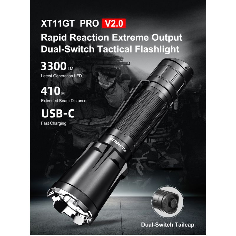 Klarus XT11GT PRO V2.0 taktická outdoor svítilna 3300lm | USB-C rychlé dobíjení, vodotěsná (48 znaků)