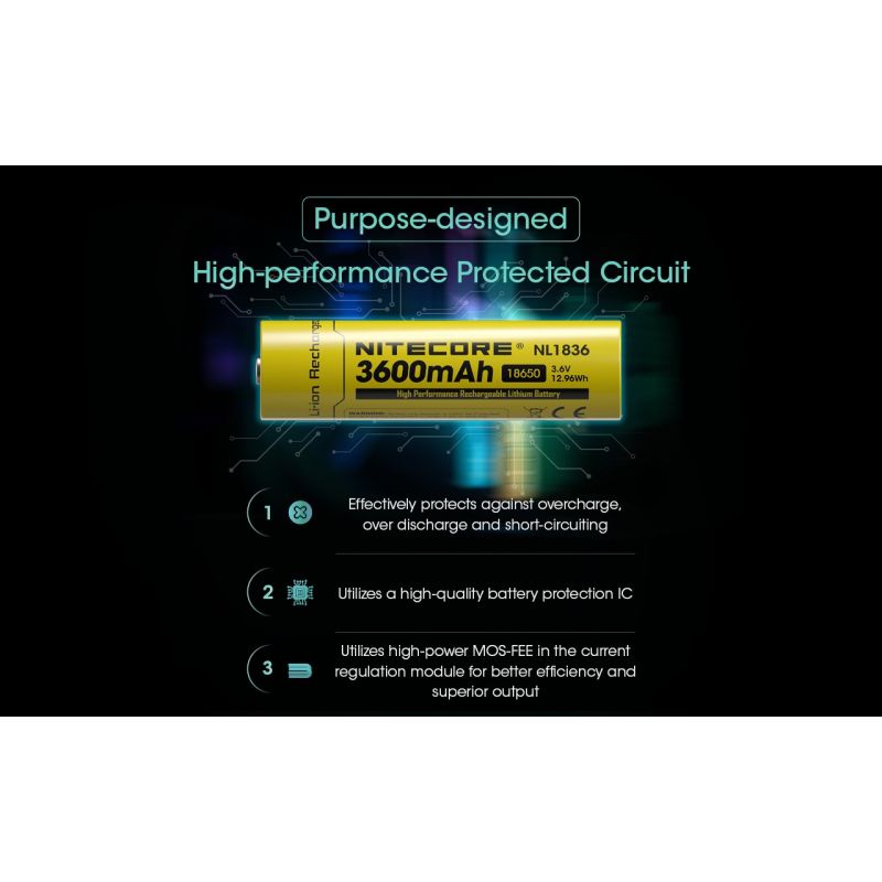 Nitecore NL1836 3600mAh Li-ion dobíjecí baterie pro svítilnu/čelovku, chráněná 3.6V