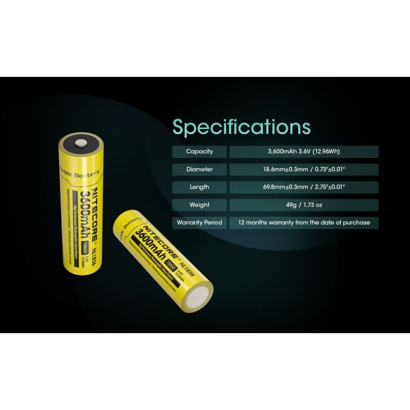 Nitecore NL1836 3600mAh Li-ion dobíjecí baterie pro svítilnu/čelovku, chráněná 3.6V