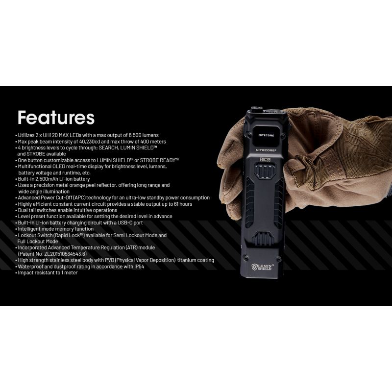 NITECORE EDC29: 6500 Lumenů USB-C Svítilna, Vysoká Svítivost, Multifunkční Lehká EDC Svítilna