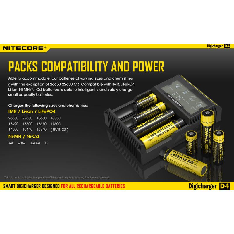 Nitecore D4 Digicharger Inteligentní Nabíječka s LCD Displejem, Ochrana proti Přepětí, pro 18650, Li-ion Baterie 700646178704