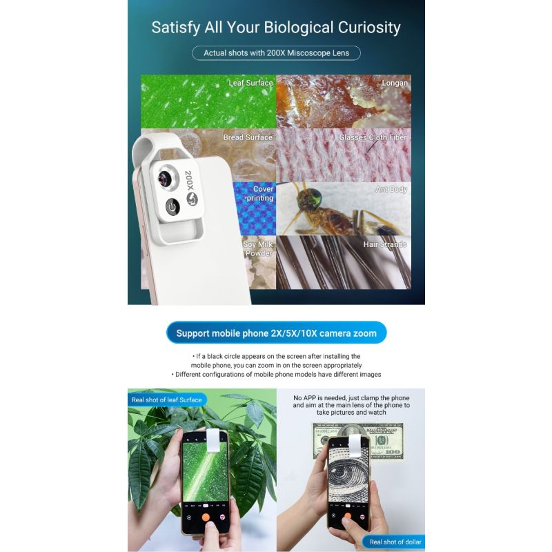 APEXEL 200x Zvětšení Objem Objektivu s CPL LED Světlem pro iPhone/Samsung – Přenosný Mikroskop pro Detailní Makro Foto