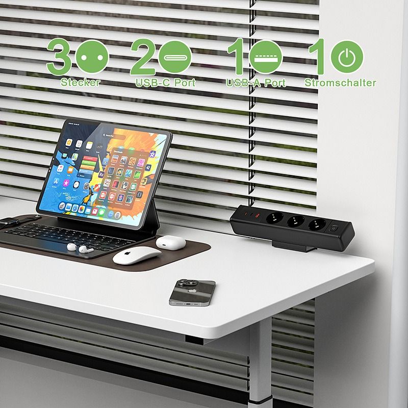 Stolní svorka Napájecí lišta s Rychlým Nabíjením USB-C/A, EU Zásuvky, Přepěťová Ochrana pro Kancelářský Nábytek