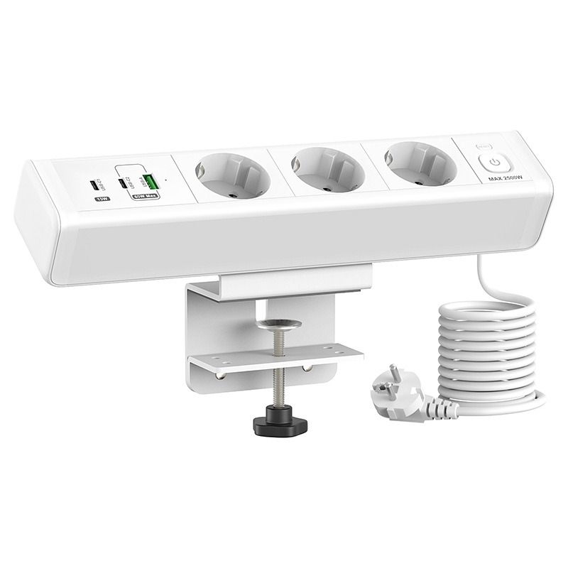 Stolní svorka Napájecí lišta s Rychlým Nabíjením USB-C/A, EU Zásuvky, Přepěťová Ochrana pro Kancelářský Nábytek