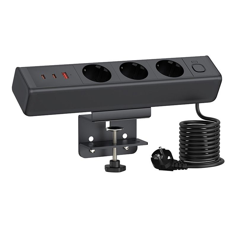 Stolní svorka Napájecí lišta s Rychlým Nabíjením USB-C/A, EU Zásuvky, Přepěťová Ochrana pro Kancelářský Nábytek