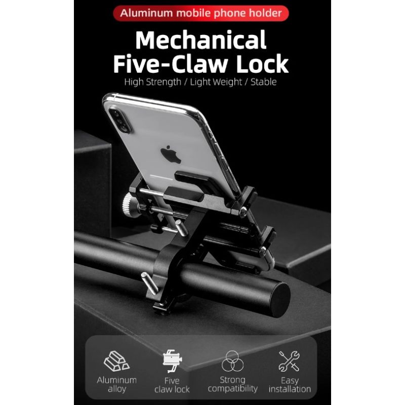 ROCKBROS Držák telefonu na motocykl/e-kolo, CNC hliník, Pět drápů, Stabilní, Na navigaci, Nastavitelný