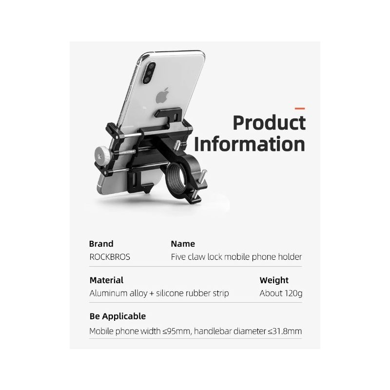 ROCKBROS Držák telefonu na motocykl/e-kolo, CNC hliník, Pět drápů, Stabilní, Na navigaci, Nastavitelný