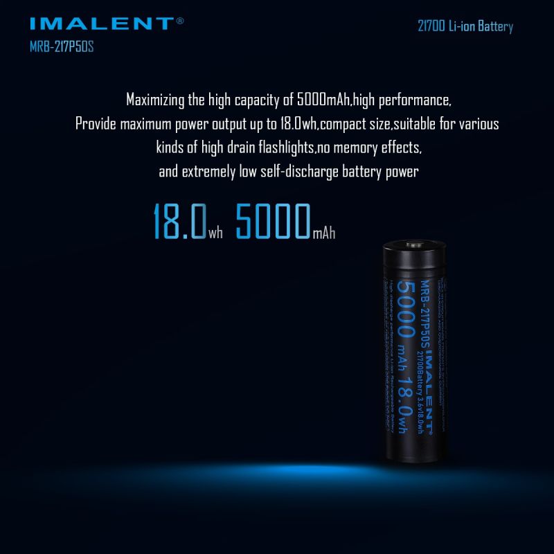 IMALENT MRB-217P50S: Vysokokapacitní dobíjecí Li-ion 21700 5000mAh pro LED svítilny.