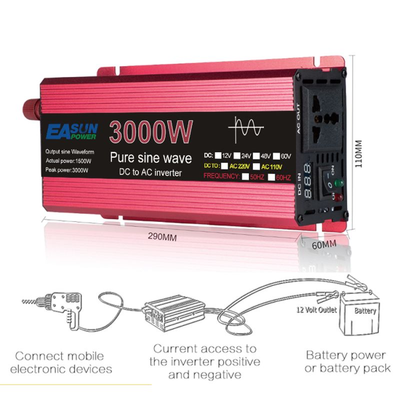 Nový Pure Sine Wave Invertor 3000W/2200W/1600W/1000W DC 12V/24V na AC 110V/220V pro solární řešení a domov