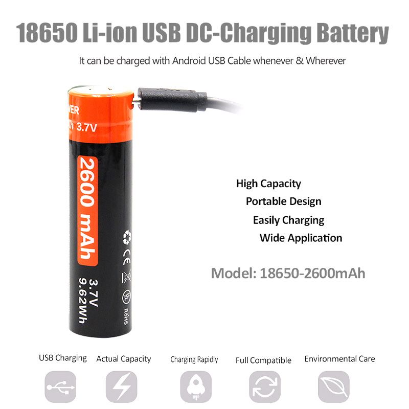 18650 2600mAh Li-ion baterie 3.7V s Micro USB dobíjením | Dlouhá životnost a spolehlivý výkon