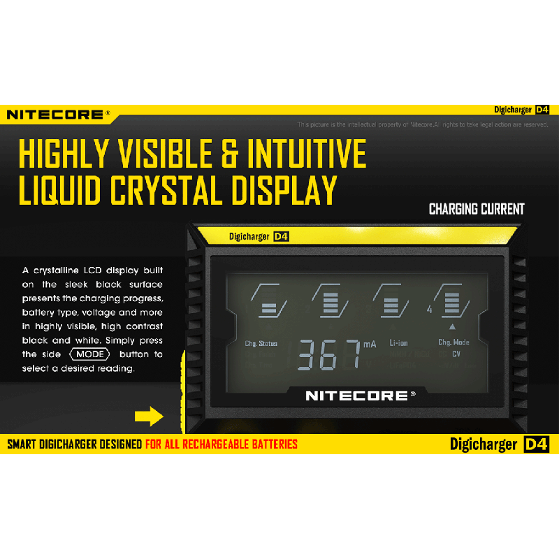 Nitecore D4 Digicharger Inteligentní Nabíječka s LCD Displejem, Ochrana proti Přepětí, pro 18650, Li-ion Baterie 700646178704