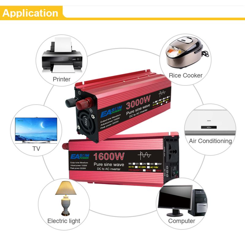 Nový Pure Sine Wave Invertor 3000W/2200W/1600W/1000W DC 12V/24V na AC 110V/220V pro solární řešení a domov