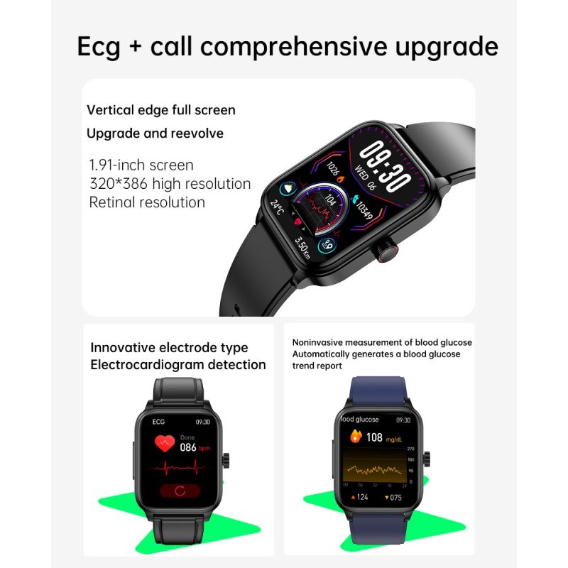 ET540 Chytré hodinky ECG, Krevní Glukóza, Srdeční tep, Tlak, Kyslík, Teplota, Bluetooth Volání, Fitness Tracker