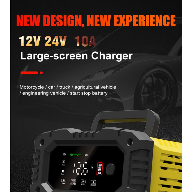 FOXSUR 12V/24V Přenosná nabíječka autobaterií pro motocykl, nákladní auto – LiFePO4, AGM, Automatické 7-stupňové nabíjení