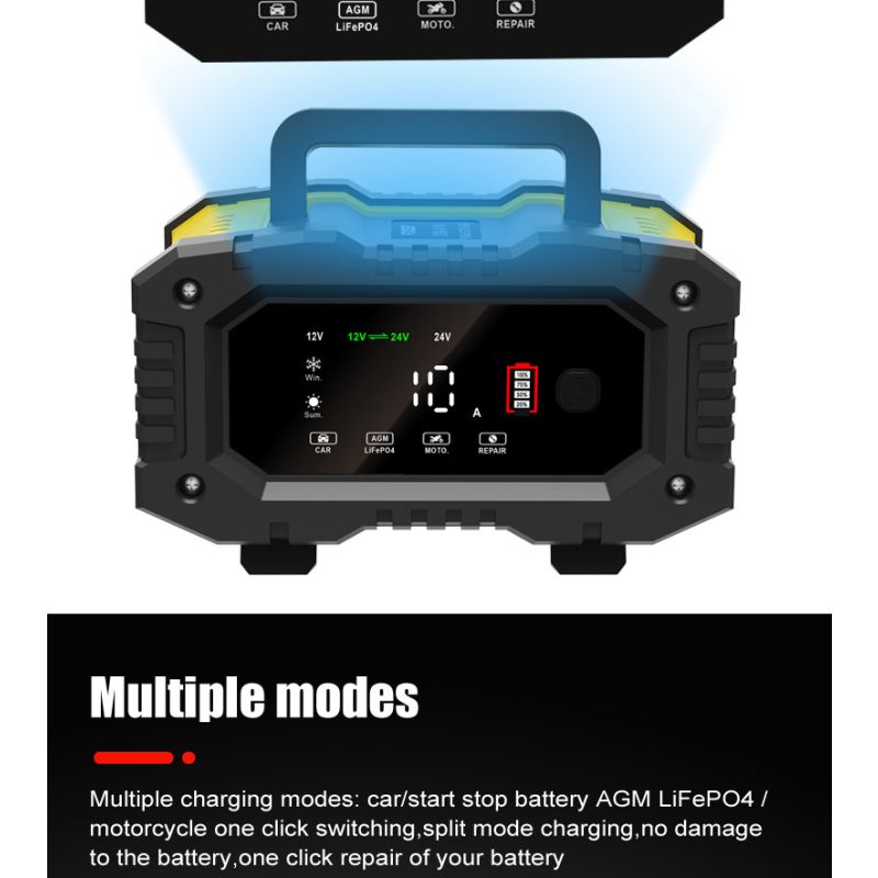 FOXSUR 12V/24V Přenosná nabíječka autobaterií pro motocykl, nákladní auto – LiFePO4, AGM, Automatické 7-stupňové nabíjení