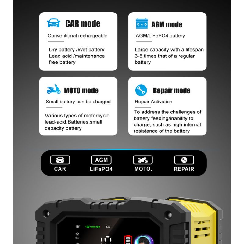 FOXSUR 12V/24V Přenosná nabíječka autobaterií pro motocykl, nákladní auto – LiFePO4, AGM, Automatické 7-stupňové nabíjení