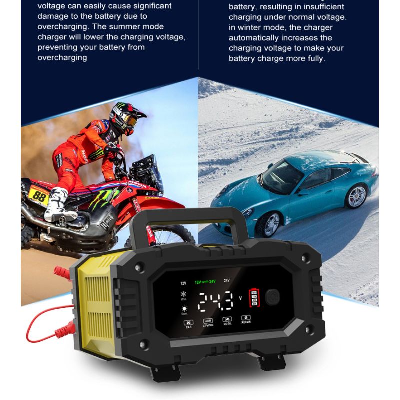 FOXSUR 12V/24V Přenosná nabíječka autobaterií pro motocykl, nákladní auto – LiFePO4, AGM, Automatické 7-stupňové nabíjení