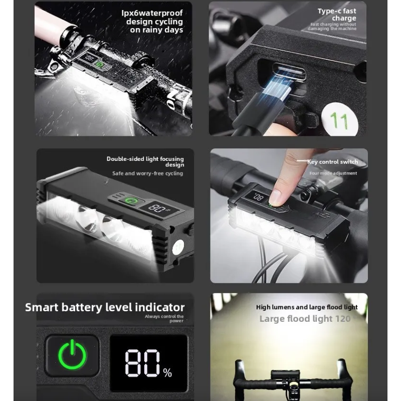 ACRUNU LED světlo na kolo 4000lm, USB dobíjecí. 4 režimy pro viditelnost a bezpečnost na kole.