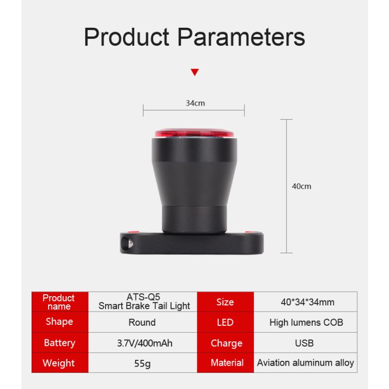 ANTUSI Q5 Chytré Zadní Světlo na Kolo s Automatickým Zapnutím pro Bezpečnost a Viditelnost Cyklistů