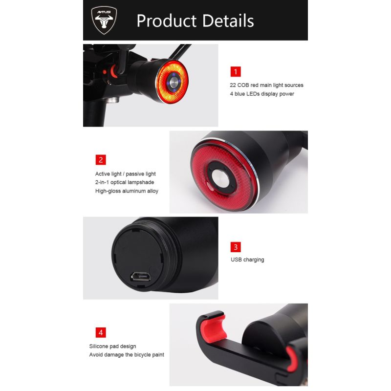 ANTUSI Q5 Chytré Zadní Světlo na Kolo s Automatickým Zapnutím pro Bezpečnost a Viditelnost Cyklistů