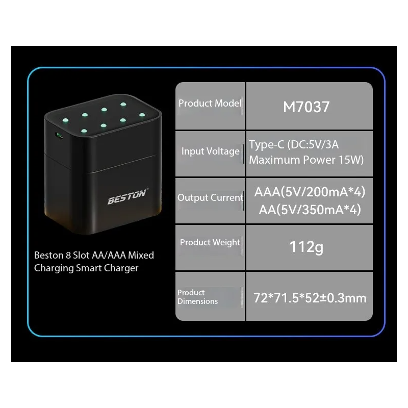 Beston Chytrá Nabíječka AA 8 Slotů | Rychlé Nabíjení 1.5V Li-ion 3600mWh Baterií | Sada