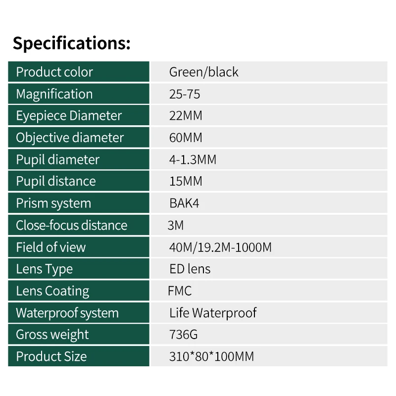 25-75x60 Zoom ED Monokulární Dalekohled Bak4 pro Kempování & Pozorování Ptáků - Výkonný Dalekohled