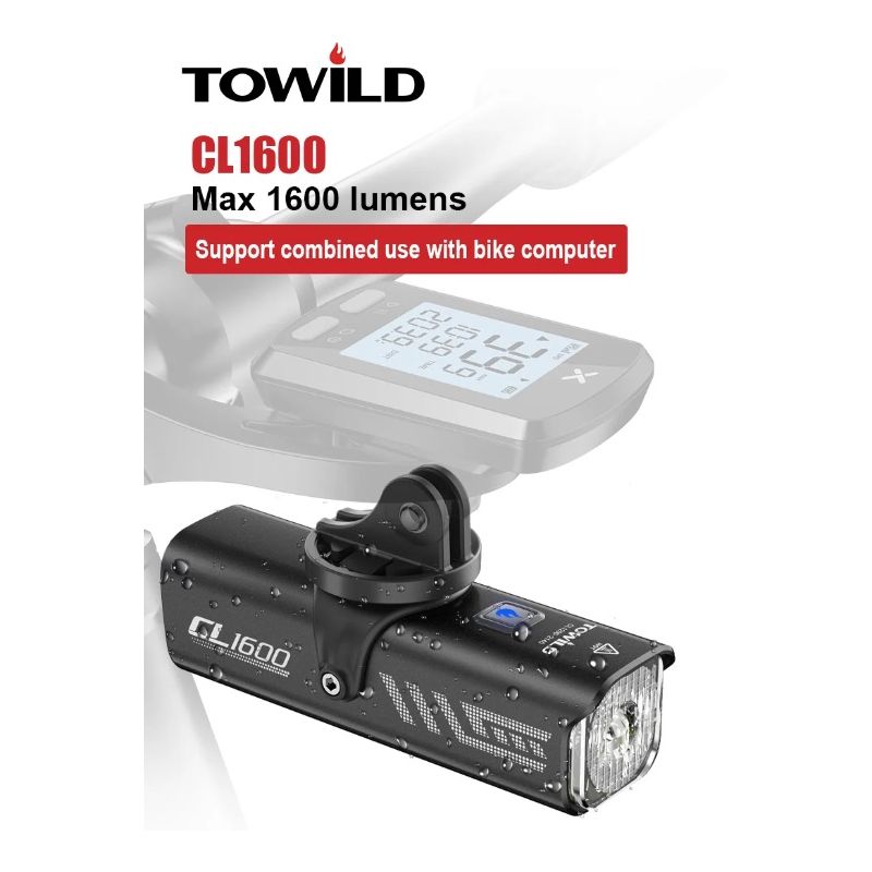 TOWILD CL1600 Přední Světlo na Kolo – LED, USB dobíjecí, Vodotěsný Světlomet pro Noční Jízdy