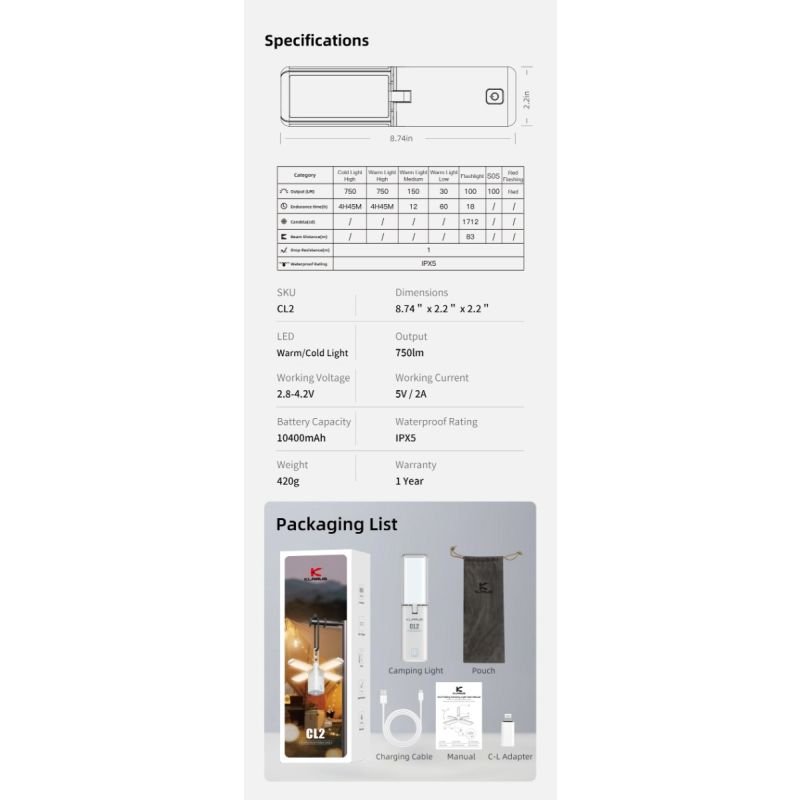 Klarus CL2 Skládací Kempingové Světlo 750 Lumenů - Péče o Oči, 7 Režimů pro Vnitřní i Venkovní Osvětlení